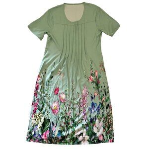 Floral Print Pleated Midi Dress Womens Size M Light Green Short Sleeve